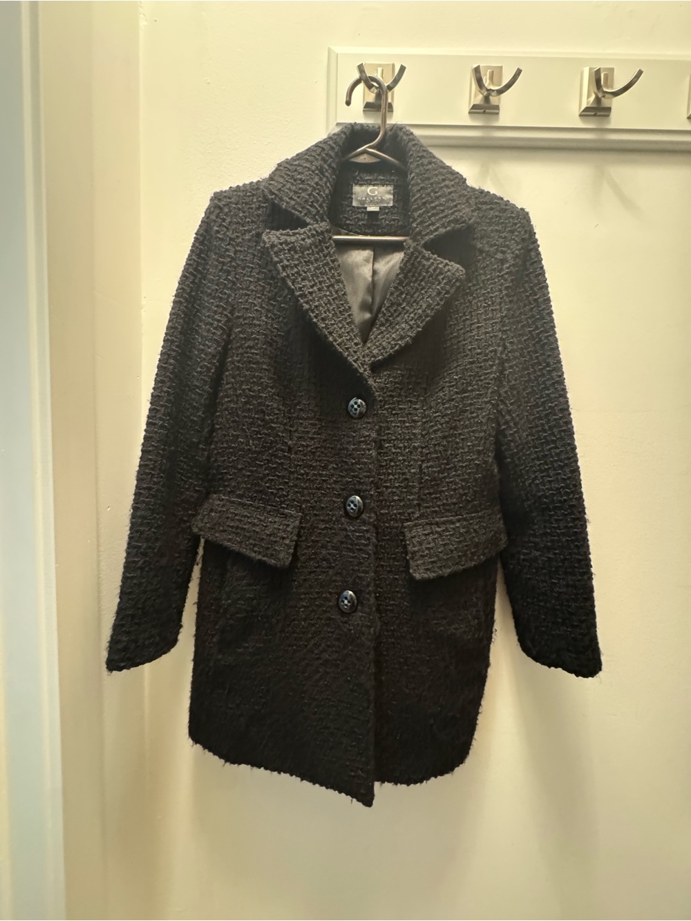 Black Textured Button-Front Wool Blend Pea Coat
